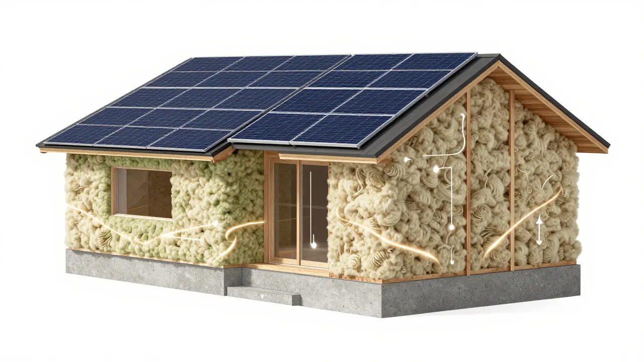 Konzeptuelle Darstellung nachhaltiger Baumaterialien wie Recyclingbeton, Schafwolle und Photovoltaik.