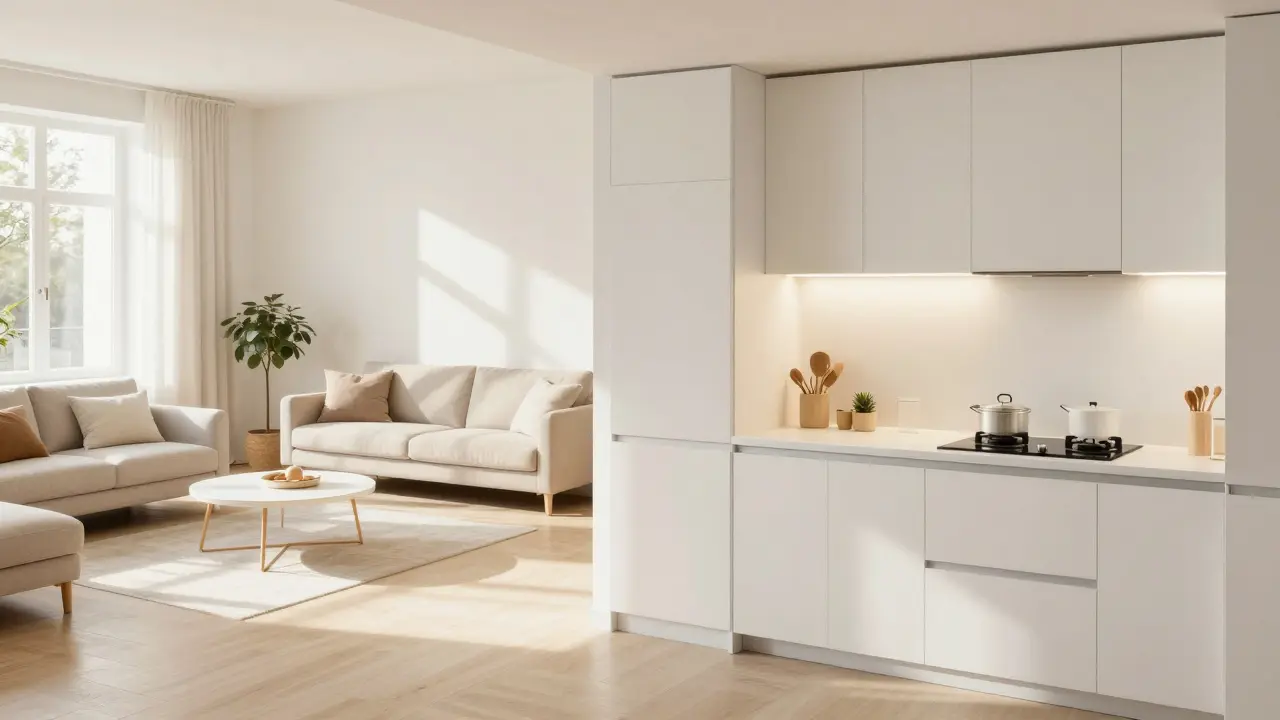 Moderner Wohnraum mit warmweißem Licht im Wohnzimmer und neutralweißem Licht in der Küche.