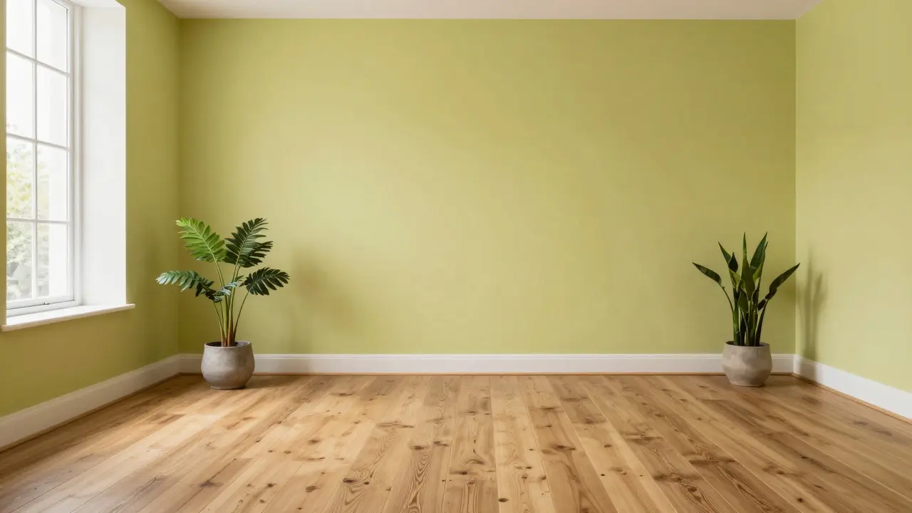 Modernes Wohnzimmer mit schadstofffreien Kalkfarben und einem Boden aus recyceltem Altholz.