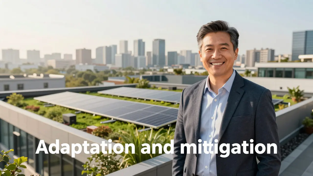 Nahaufnahme eines begrünten Dachgartens mit Solarpaneelen an einem modernen Gebäude.