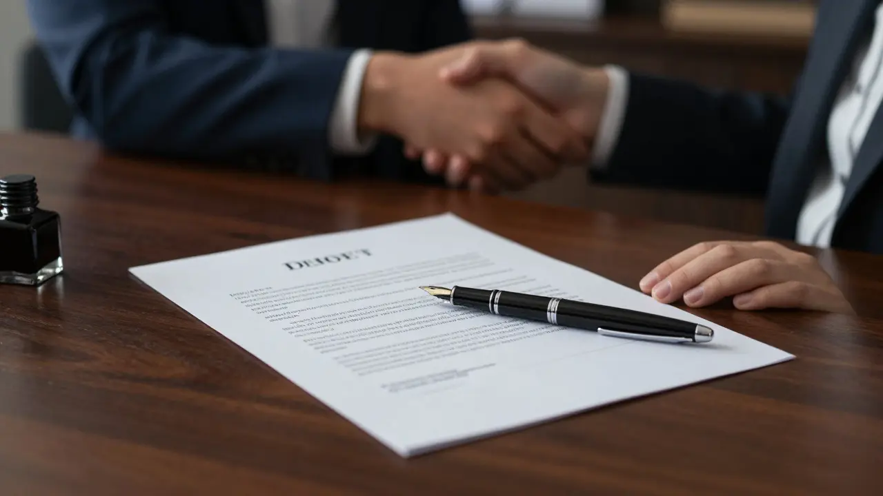 Notarieller Vertrag und Füllfederhalter auf einem Schreibtisch bei einer Immobilienübertragung