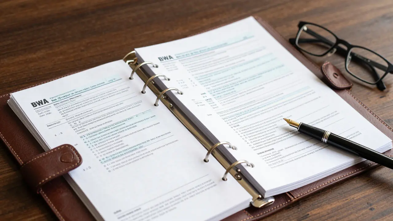 Ordner mit perfekt sortierten Finanzunterlagen und Steuerbescheiden auf einem Schreibtisch.