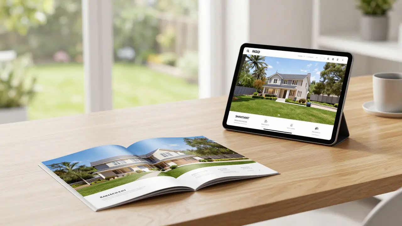 Professionelles Immobilien-Exposé als Broschüre und digitales Tablet auf einem Schreibtisch.