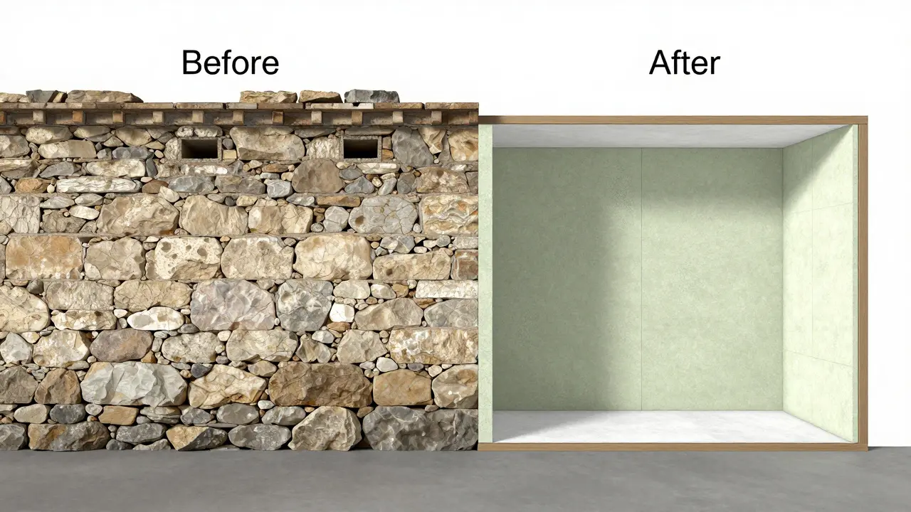 Querschnitt einer historischen Wand mit moderner Innendämmung aus Hanf und Aerogel