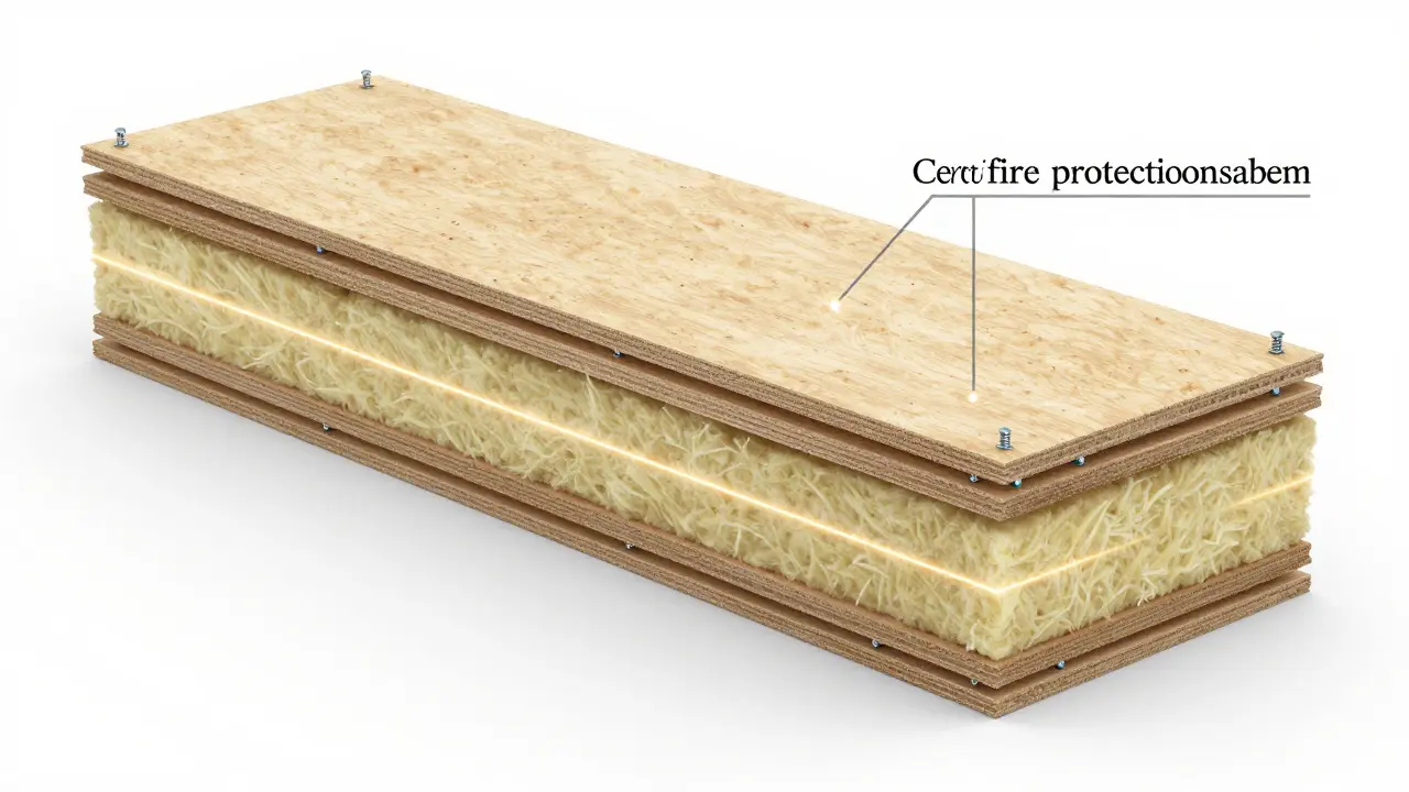 Querschnitt einer zertifizierten Brandschutzwand mit zwei Plattenlagen und Dämmung