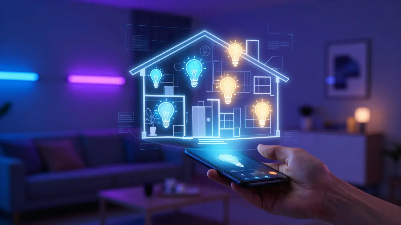 Smart-Home-Steuerung der LED-Beleuchtung über ein Smartphone zur Energieoptimierung.
