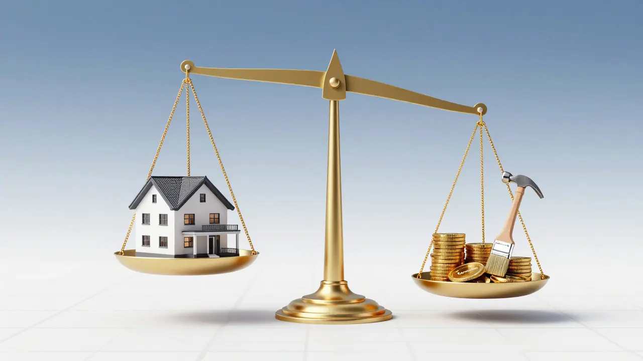 Symbolische Waage mit Hausmodell, Goldmünzen und Werkzeugen für Eigenkapital.