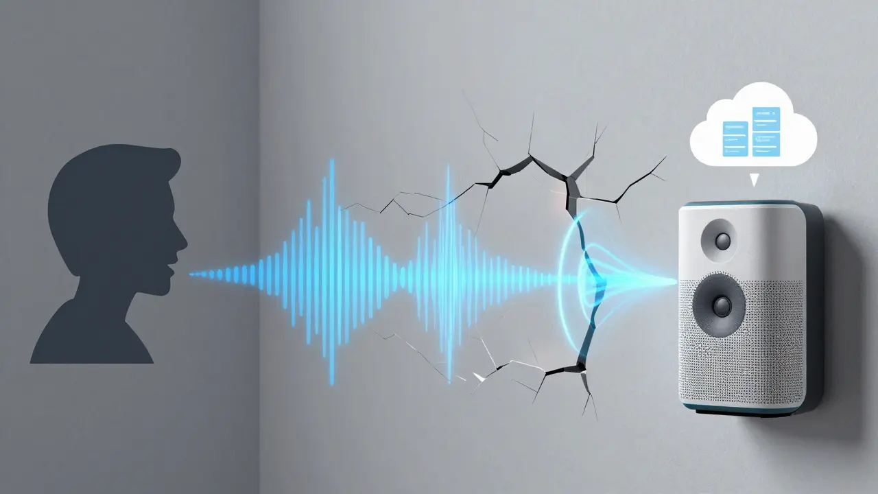 Abstrakte Darstellung von Schallwellen, die durch dünne Wände zu einem Smart Speaker dringen.
