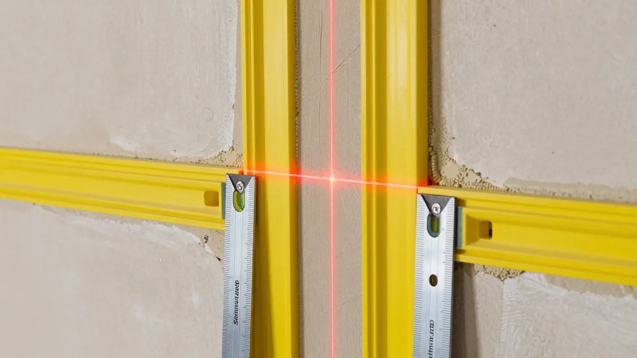 Anbringen von Schnellputzprofilen mit Laser-Lot zur Ausrichtung