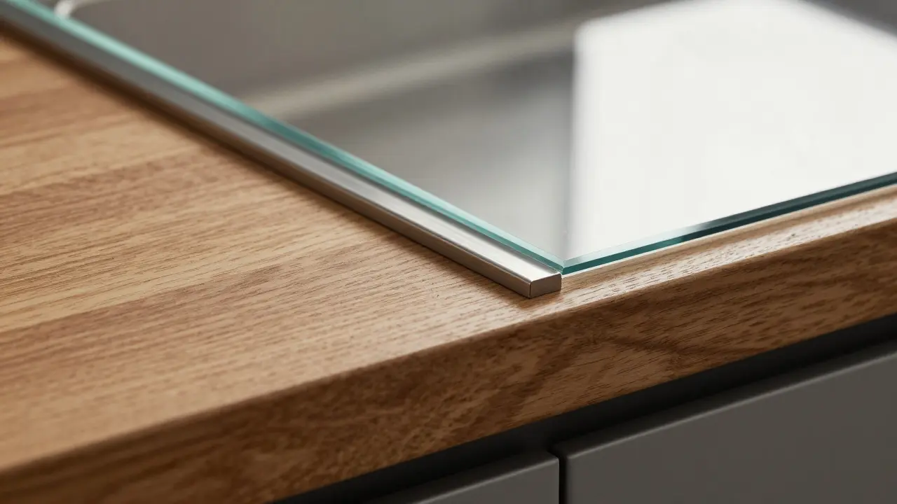 Detailaufnahme der Verbindung von Holz, Metallprofil und Glas bei einer Arbeitsplatte