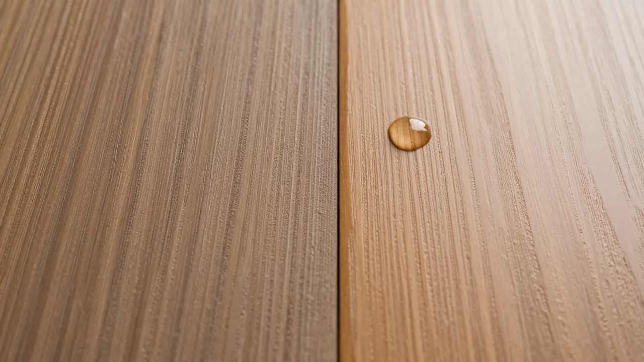 Detailaufnahme: Wasserperle auf lackiertem vs. saugfähigem geöltem Holz