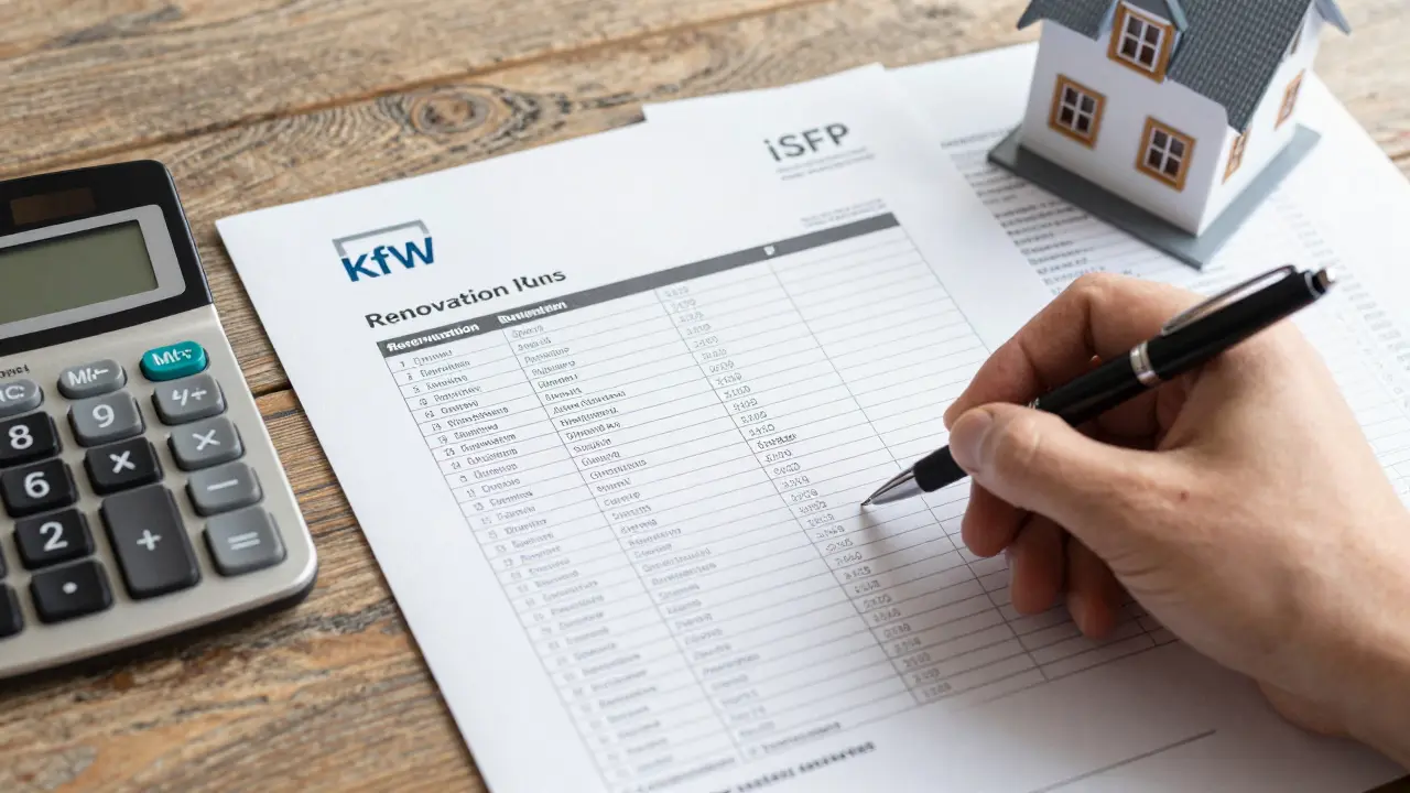 Finanzplanung für Sanierung mit KfW-Förderplan und iSFP auf dem Schreibtisch