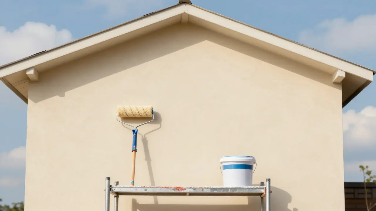 Frisch gestrichene Hauswand in Beige mit Farbrolle auf dem Gerüst
