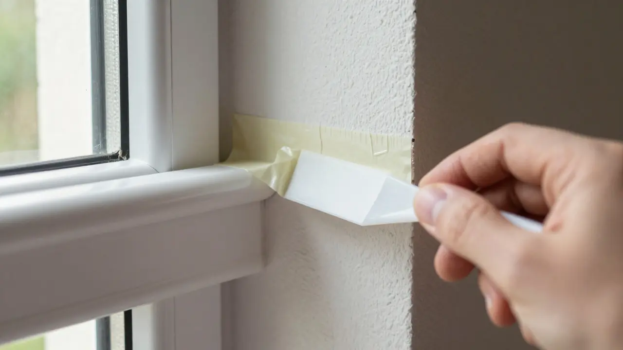 Hand klebt Schutzfolie sorgfältig um einen Fensterrahmen am Außenputz