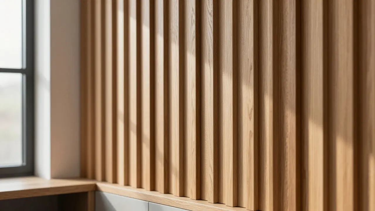 Holzlamellen-Akustikpaneele an einer modernen Wand für bessere Sprachverständlichkeit