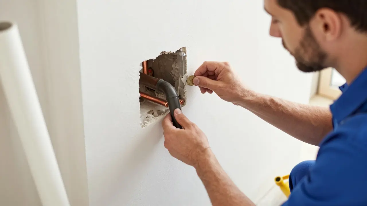 Installateur prüft alte Rohre auf Blei während der Sanierung