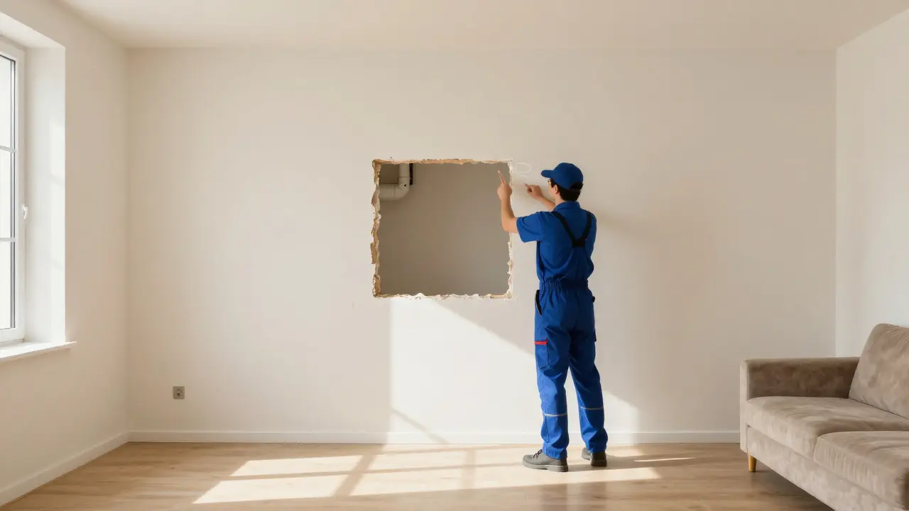 Kleine, präzise Reparaturstelle an der Wand nach erfolgreicher Leckageortung