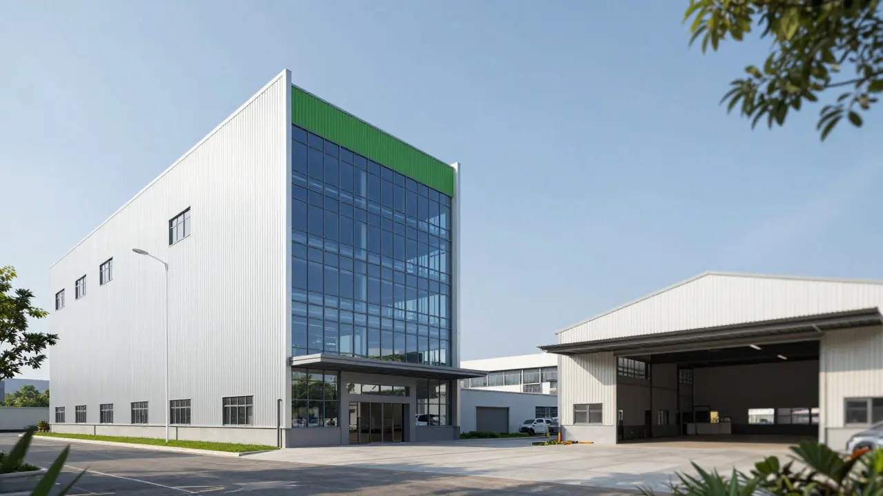 Kontrast zwischen energieeffizienter Halle und alter Industrieanlage