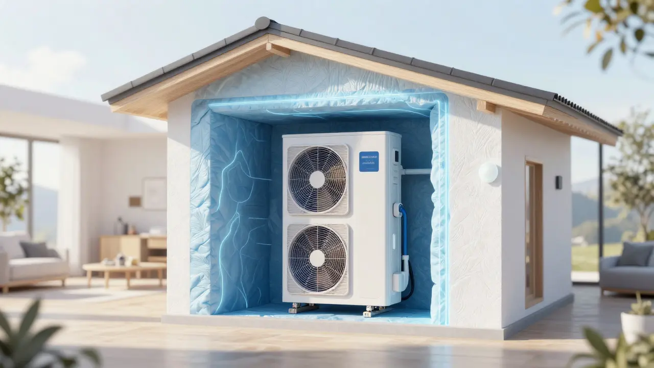 Moderne Wärmepumpe in einem gut gedämmten Einfamilienhaus