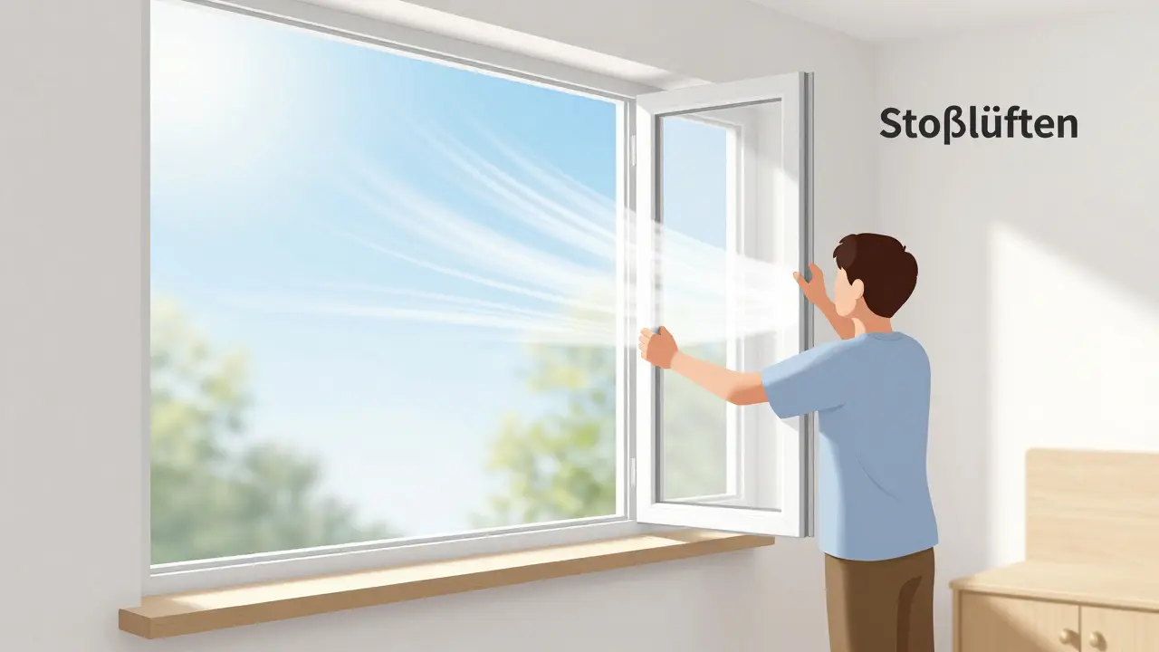 Person lüftet stoßweise ein Fenster weit geöffnet