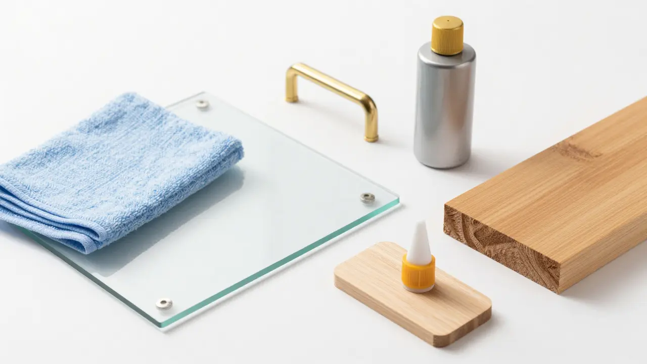 Pflegeutensilien für Glas, Metall und Holz auf weißem Untergrund arrangiert