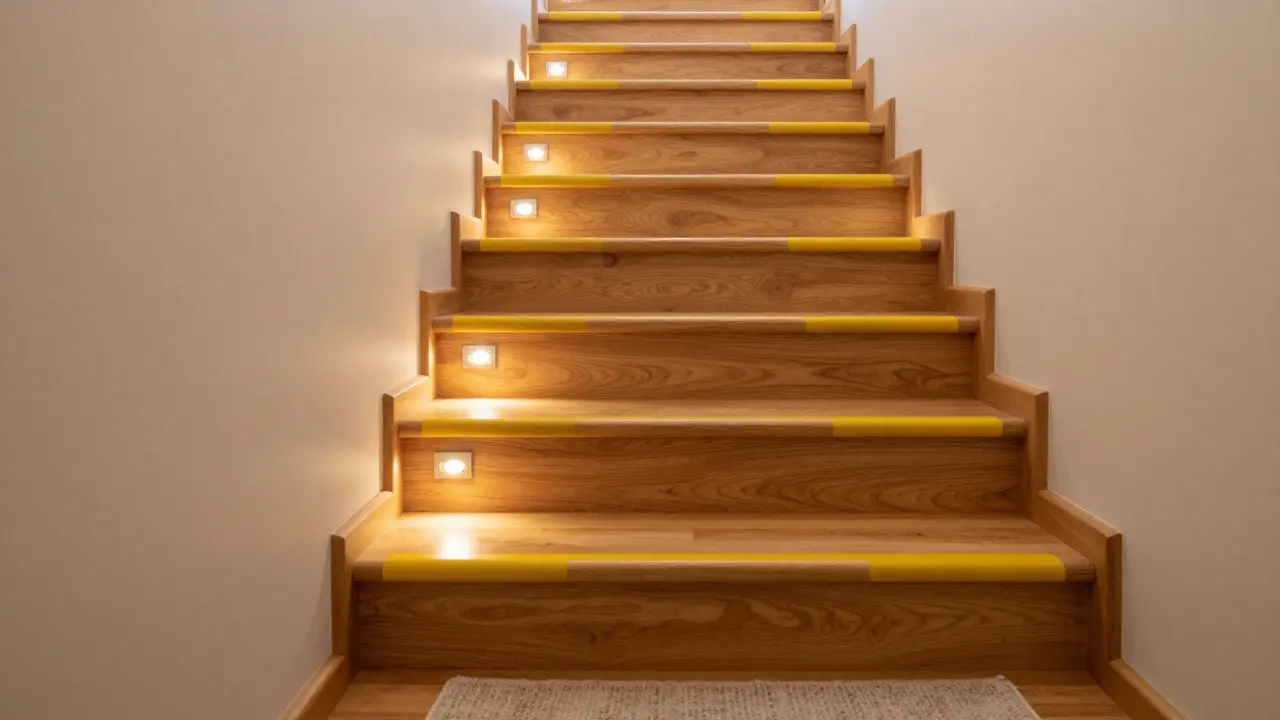 Sichere Treppe mit Antirutschstreifen und warmer LED-Beleuchtung
