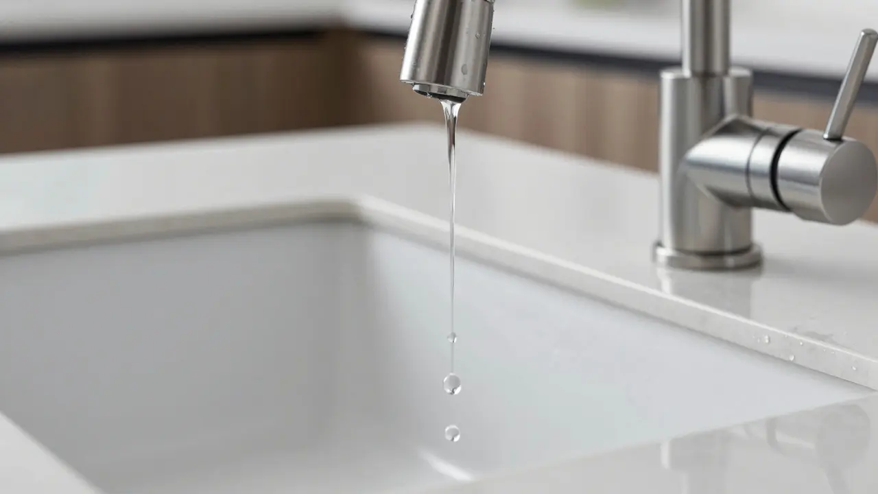 Wasserperlen auf einer wasserfesten Quarz-Küchenarbeitsplatte im Detail