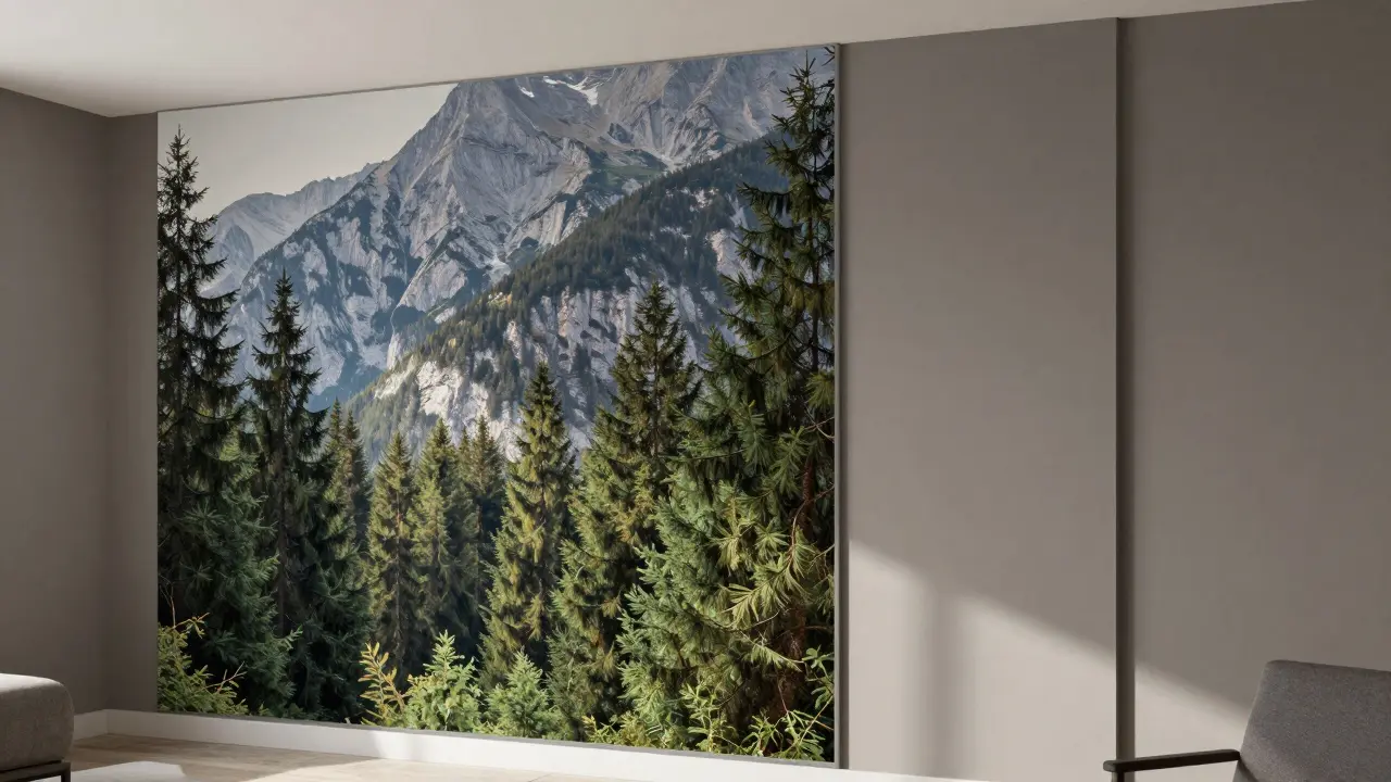 Wohnzimmer mit Fototapete und gestrichenen Wänden