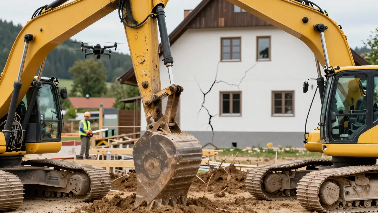 Baumaschine neben Haus mit Rissen, Drohne dokumentiert Schäden