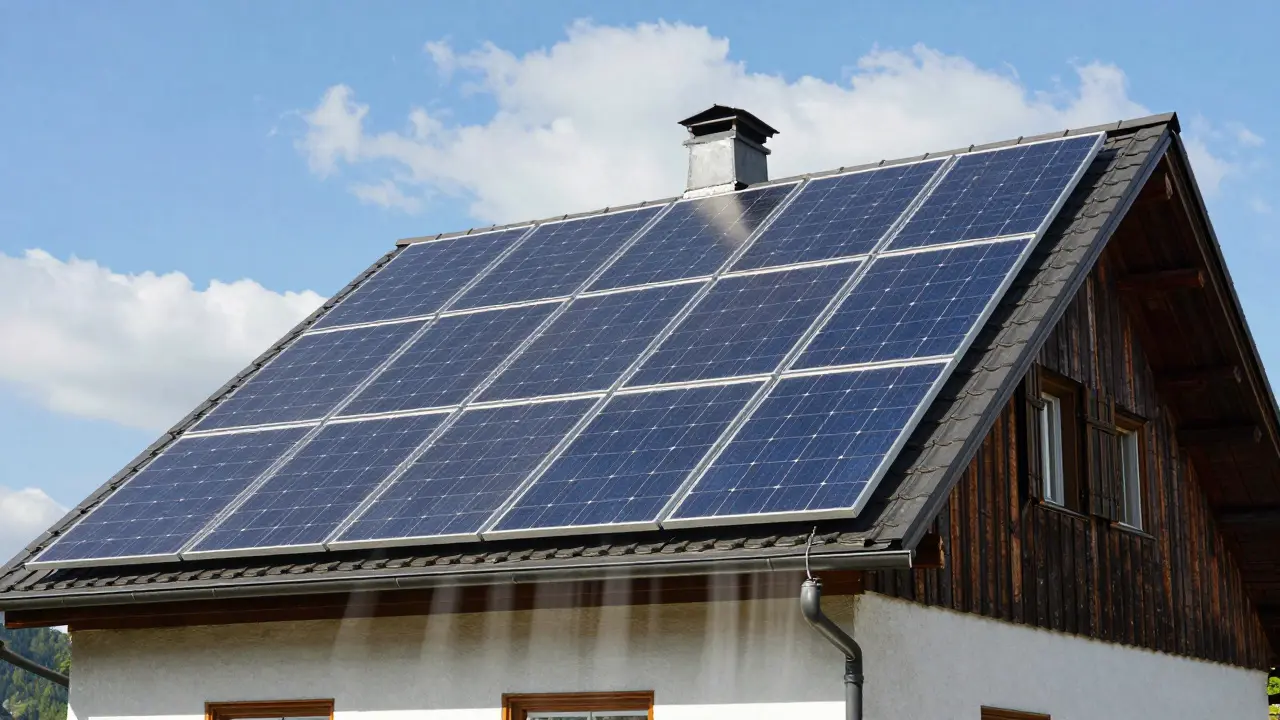 Dach mit Solarpanelen auf einem österreichischen Haus