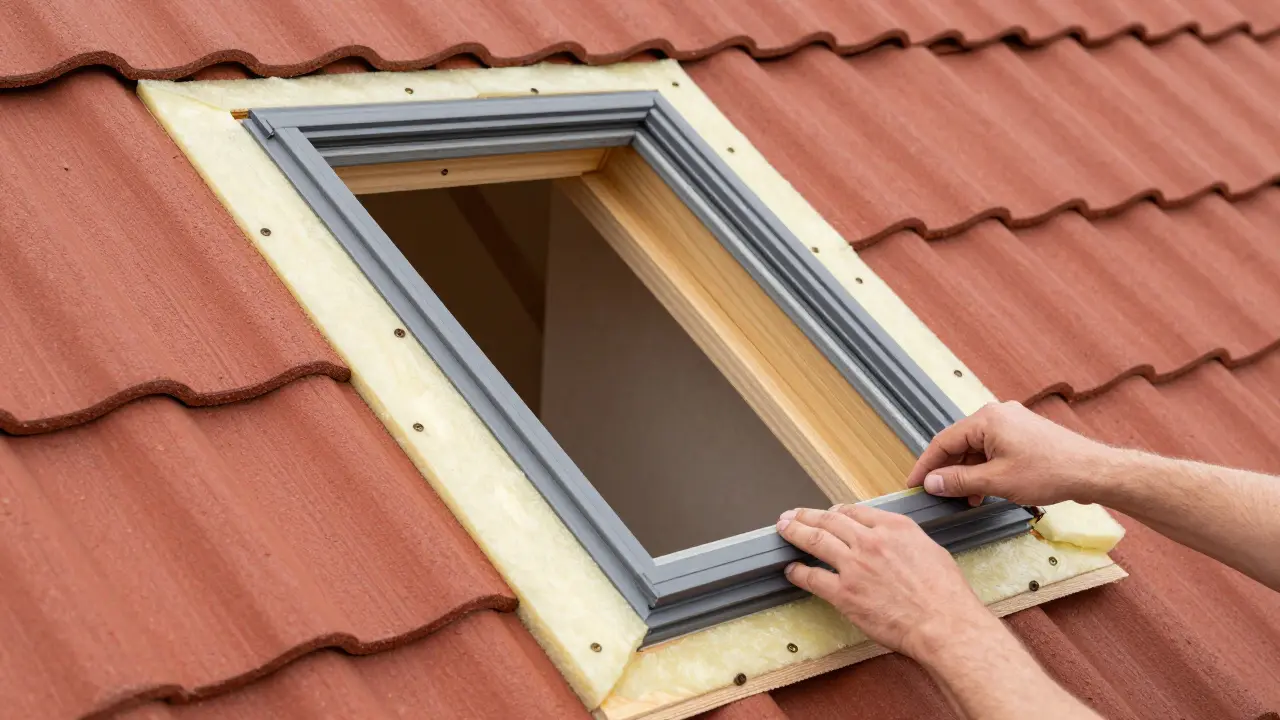Detailansicht der Dachfensterinstallation mit Dämmung und Sparren