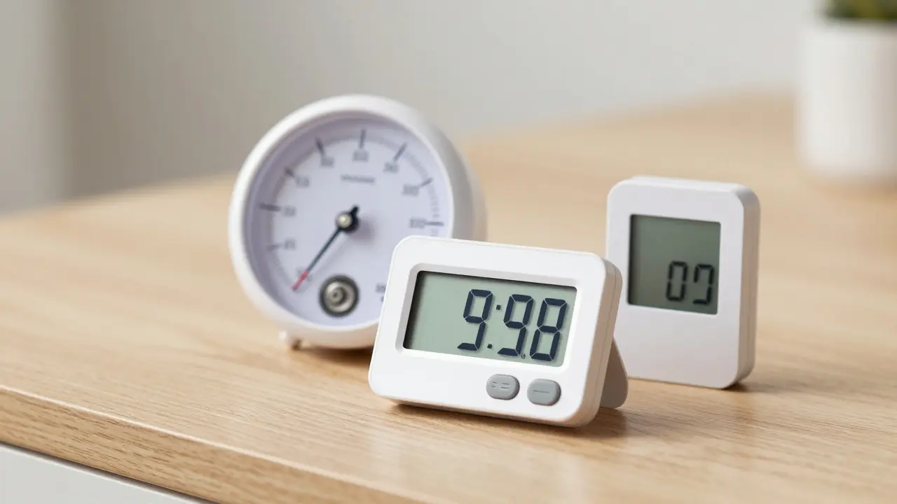 Digitales, analoges und smartes Hygrometer auf Holztisch