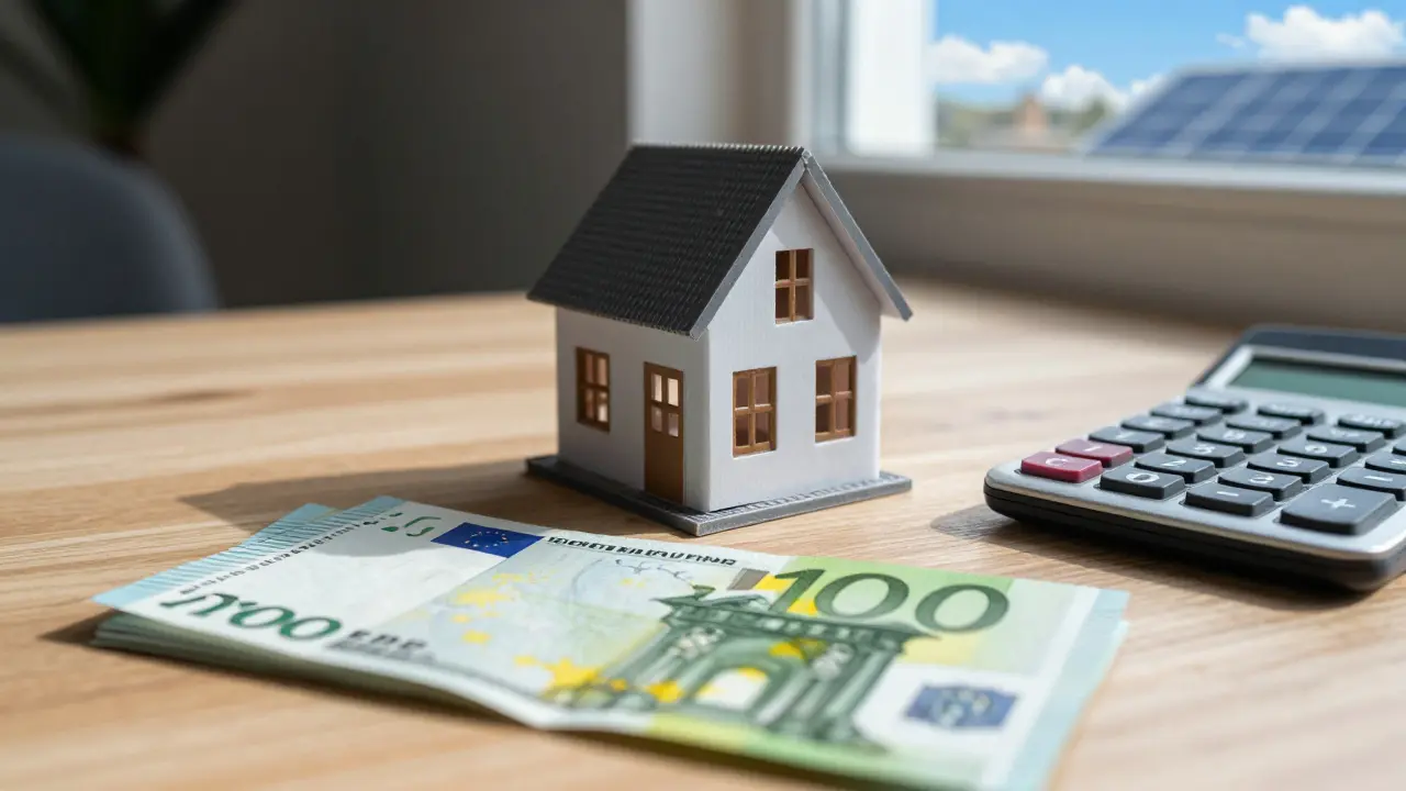 Euro-Banknoten und Rechner für Energiesanierungskosten
