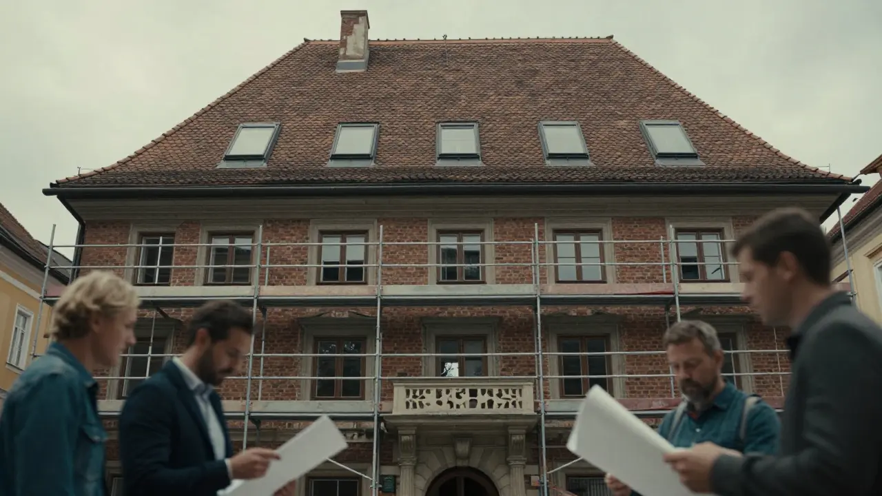 Fassade eines historischen Hauses in Graz während der Sanierung