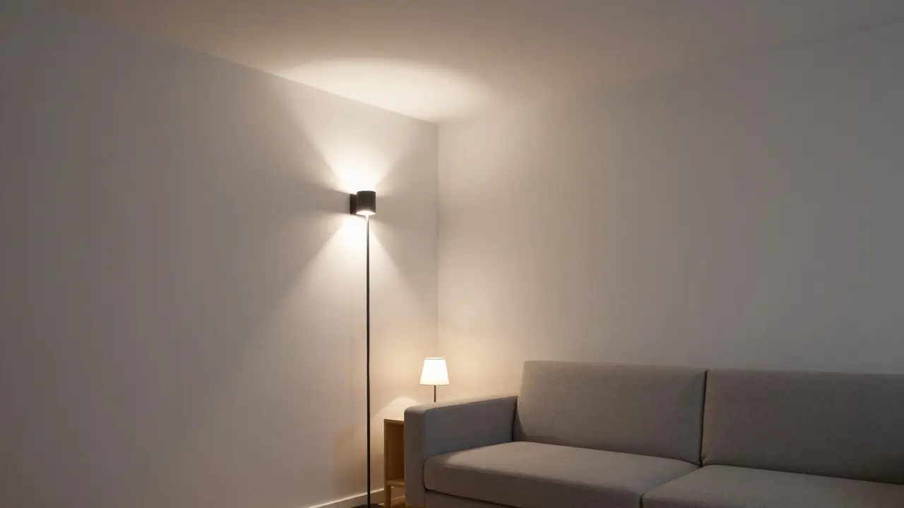 Gemütliche Ecke mit mehrschichtiger Beleuchtung und niedrigem Sofa