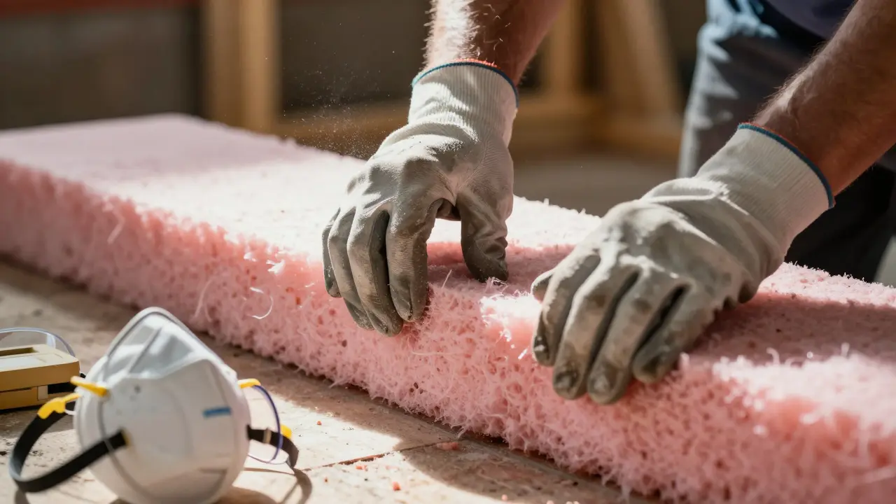 Handwerker installiert Mineralwolle-Dämmung mit Schutzkleidung