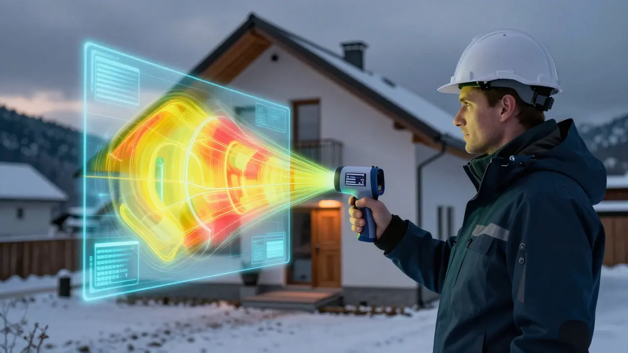 Inspektor nutzt Infrarotkamera zur Detektion von Dämmfehlern im Winter