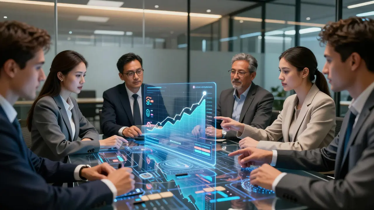 Investoren analysieren ESG-Daten und Mietvorteile an einem digitalen Tisch