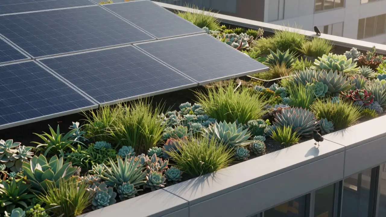 Kombination von Solarmodulen und Begrünung auf dem Dach