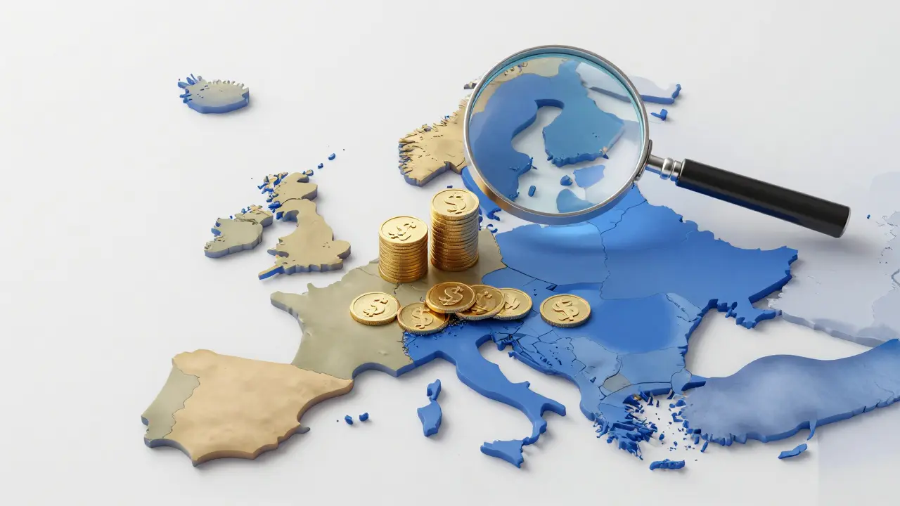 Konzeptuelle Darstellung regionaler Unterschiede bei Maklerprovisionen durch Münzstapel