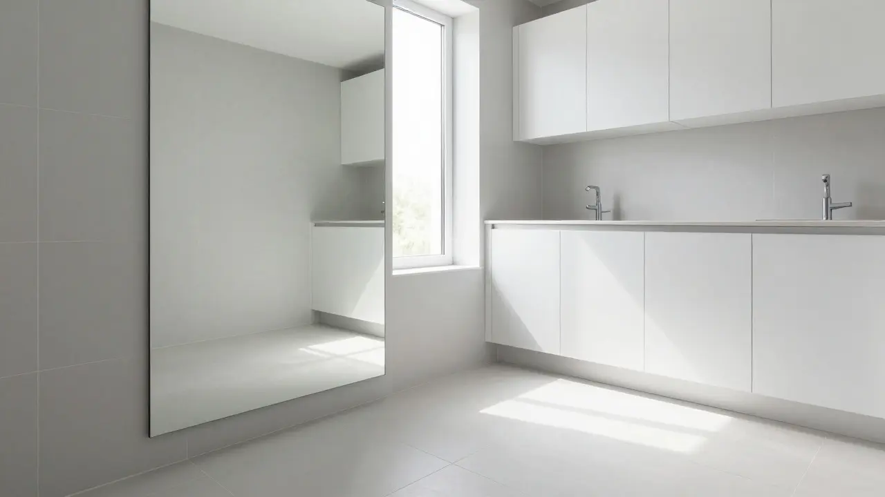 Minimalistisches Bad mit großem Spiegel und diagonalen Fliesen