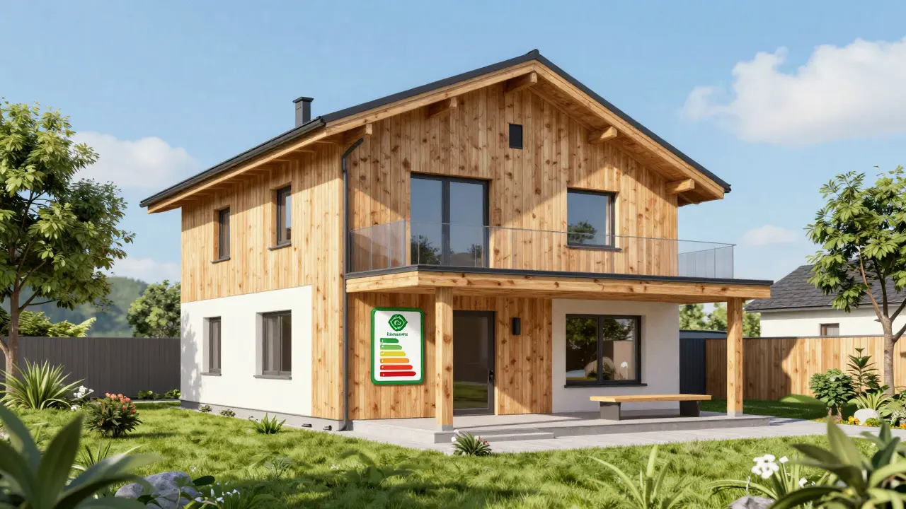 Modernes renoviertes Haus mit Holzverkleidung unter blauem Himmel