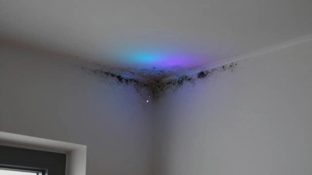 Schimmelpilz an einer kalten Wandecke mit blauer Wärmebrücken-Darstellung