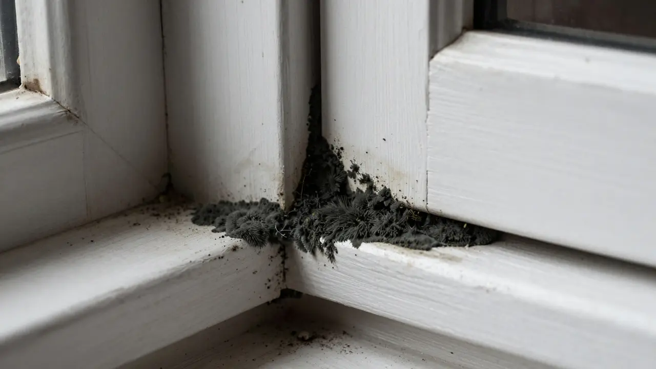 Schimmelpilzbefall in der Ecke eines feuchten Fenster Rahmens