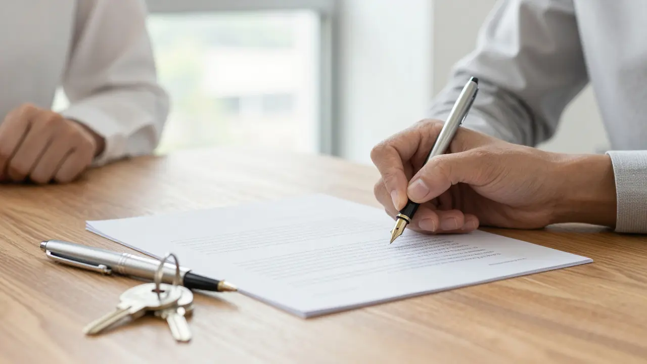 Unterschrift bei Vertrag und Schlüsselübergabe am Schreibtisch