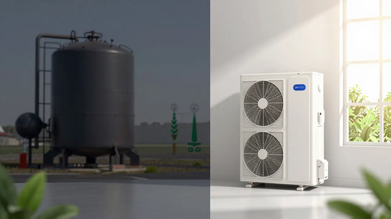 Vergleich alter Ölheizung und moderne Wärmepumpe