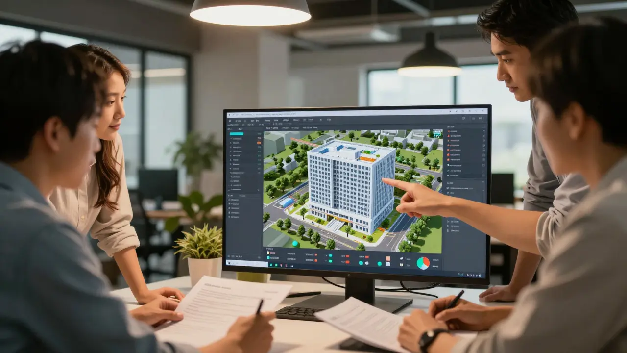Architekten diskutieren BIM-Modelle für nachhaltiges Gebäudezertifizierungsmanagement