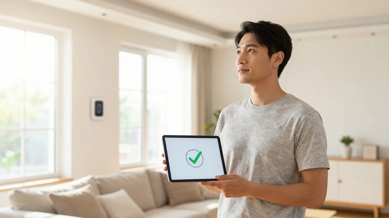 Besitzer mit Tablet in sicherem, modernem Zuhause