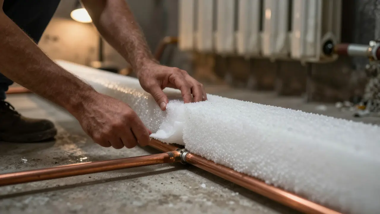 DIY-Rohrdämmung im Keller: Hände isolieren Heizungsrohre zur Energieeinsparung.
