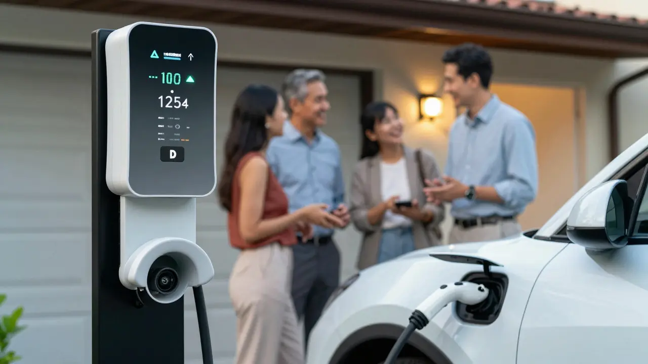 E-Auto-Ladesäule in der Garage bei einem Gespräch der Nachbarn